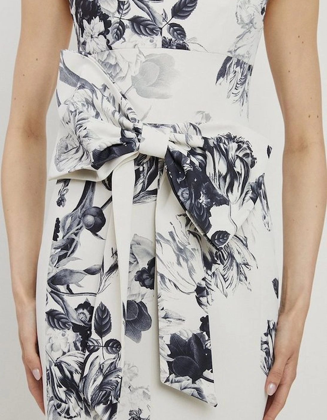 Tall Tailored Crepe Mono Floral Bow Detail Midi Dress