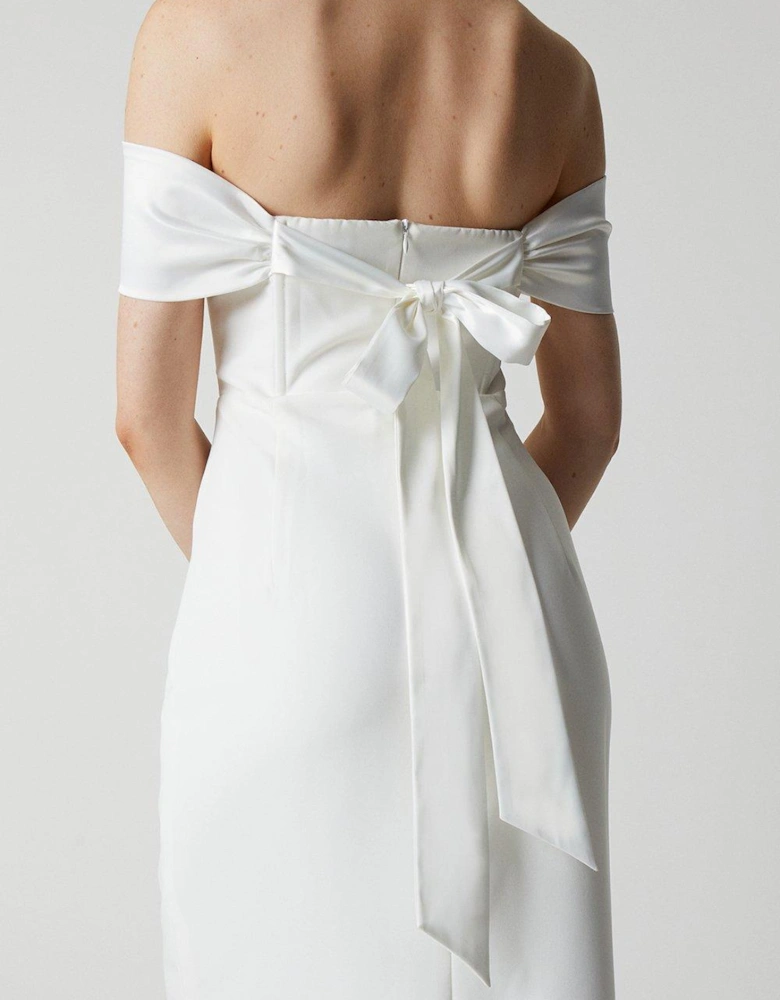 Draped Shoulder Tie Back Column Bridal Dress