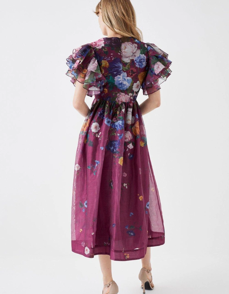 Ruffle Sleeve Placement Print Full Skirt Midi Dress