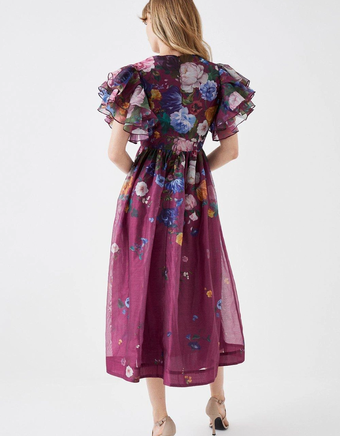Ruffle Sleeve Placement Print Full Skirt Midi Dress