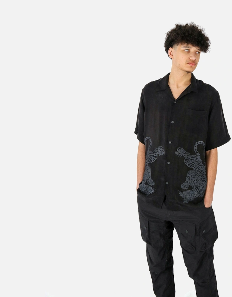 Double Dragon Embroidered Cupro Black Shirt