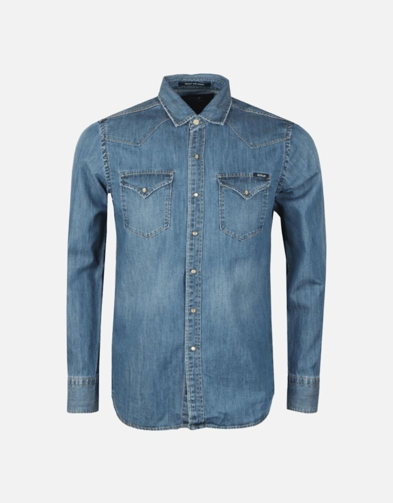 Cotton Regular Fit Mid Wash Blue Denim Shirt