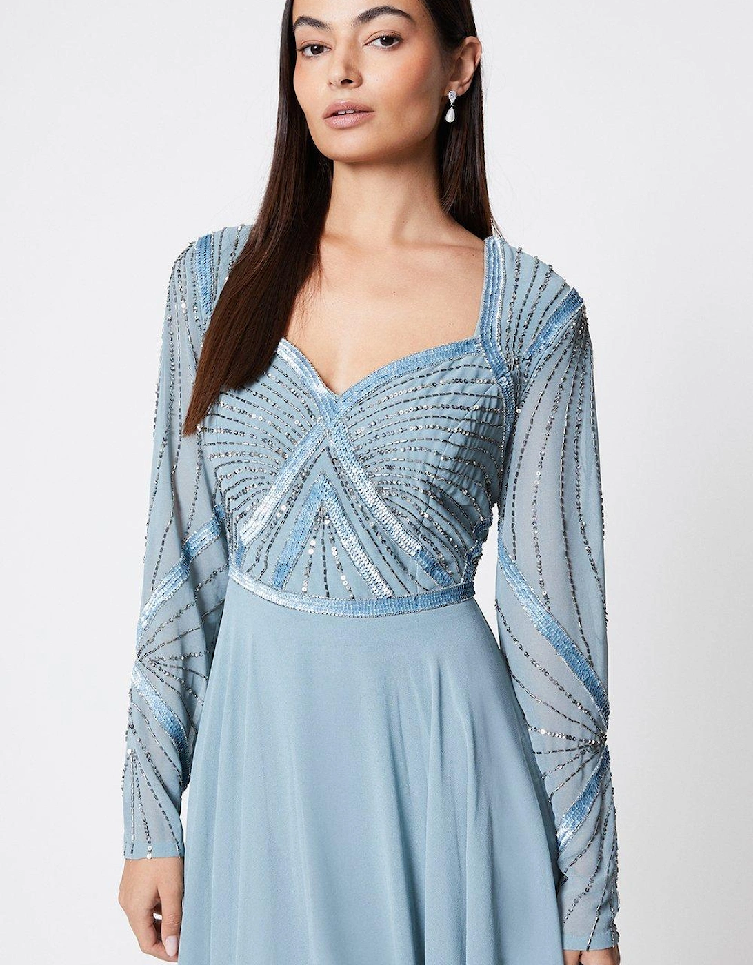 Long Sleeve Embellished Bodice Midi Dress