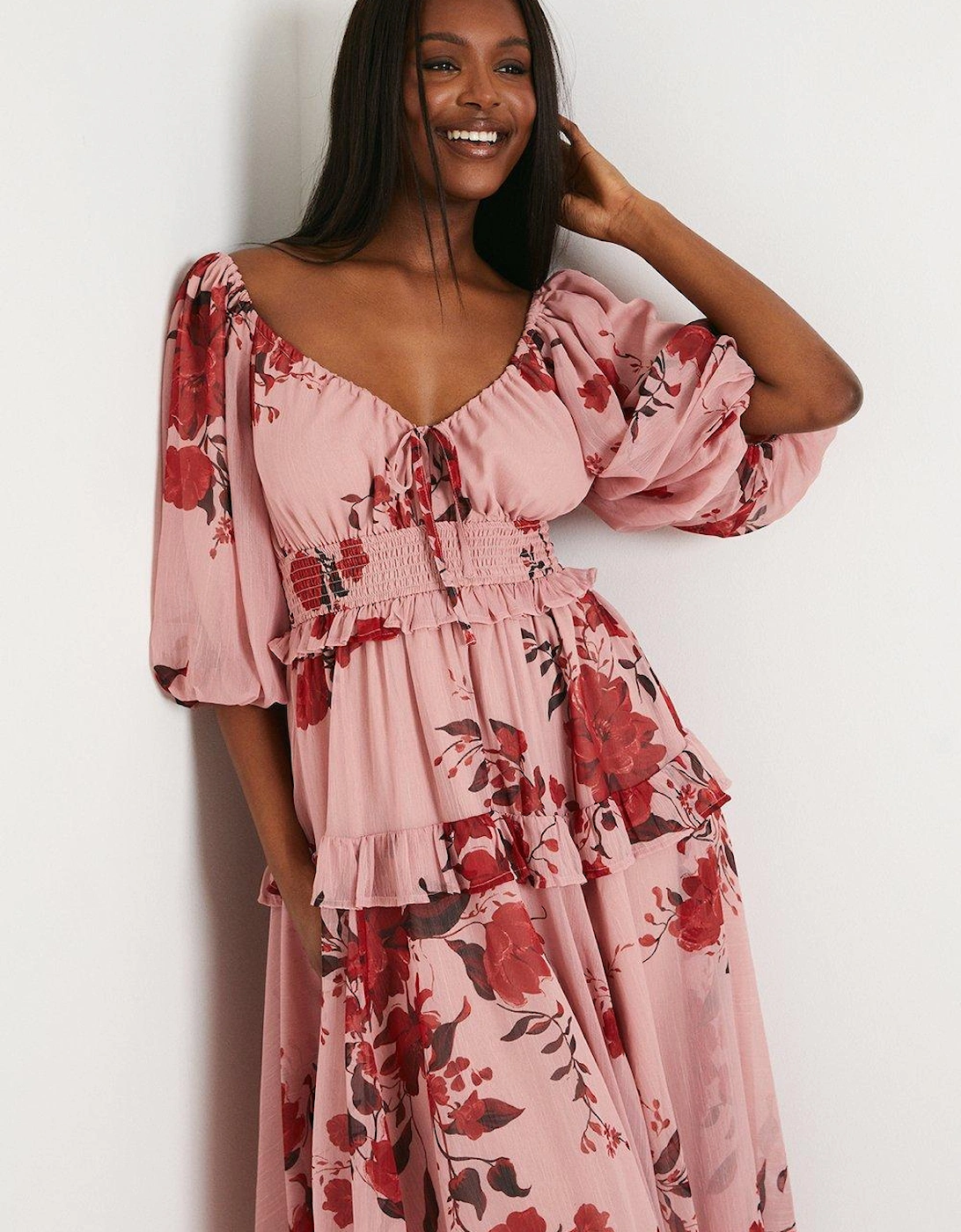 Balloon Sleeve Flowing Midi Dress