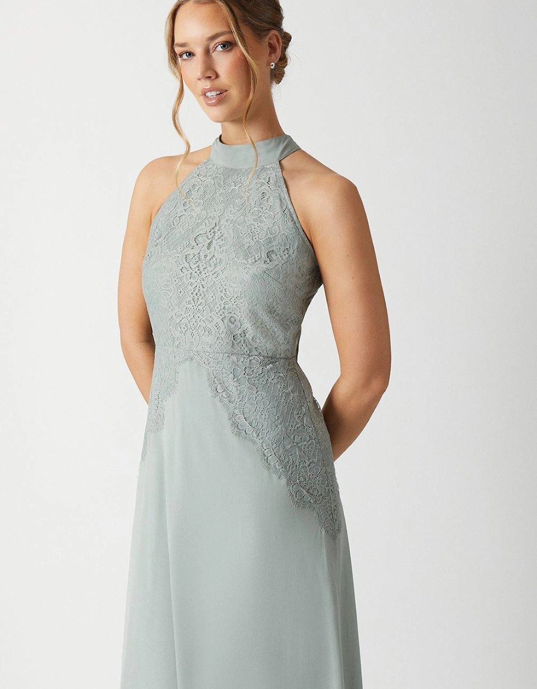 Halterneck Lace Insert Chiffon Bridesmaids Maxi Dress