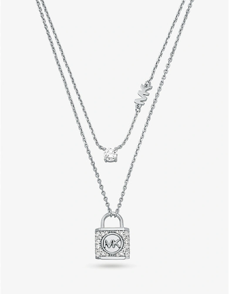 Precious Metal-Plated Sterling Silver Pavé Lock Layered Necklace