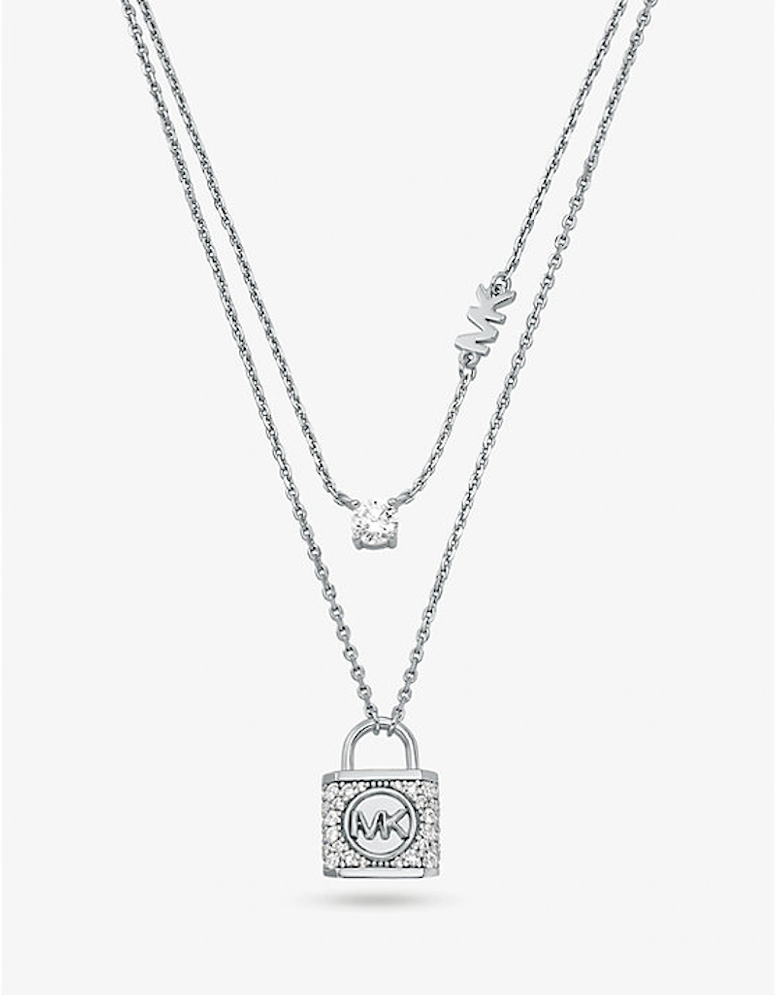 Precious Metal-Plated Sterling Silver Pavé Lock Layered Necklace, 2 of 1