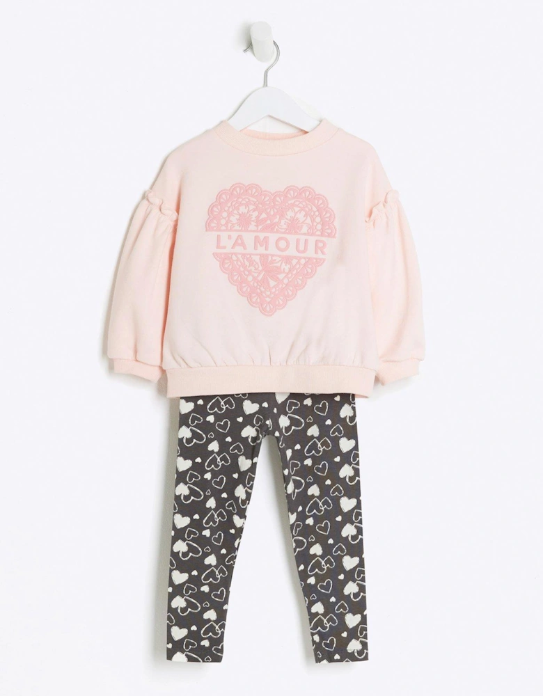 Mini Mini Girls Heart Embossed Sweatshirt Set - Pink