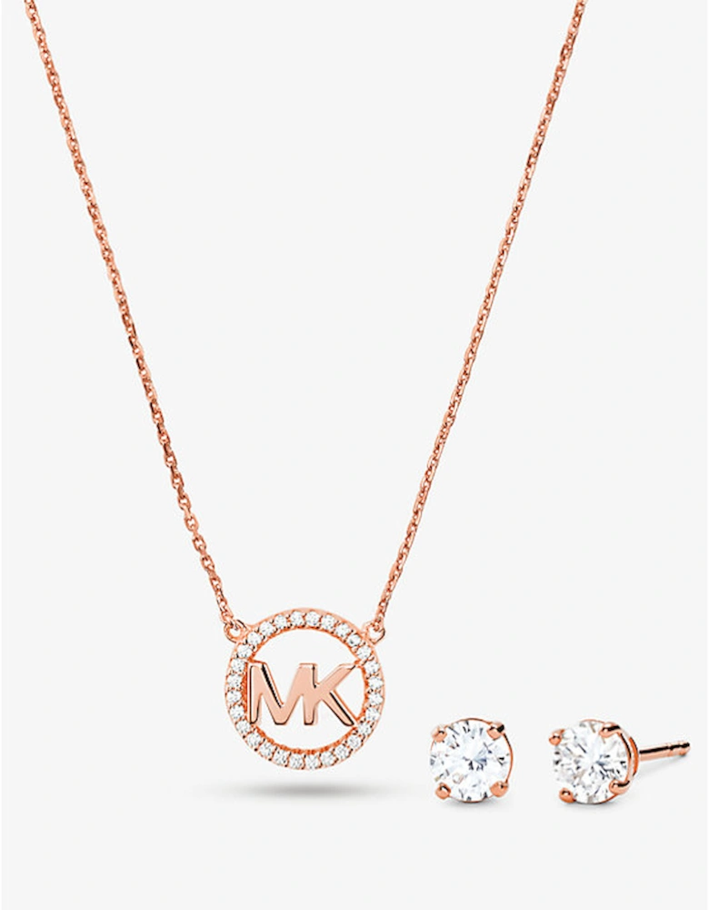 14K Rose Gold-Plated Sterling Silver Pavé Logo Charm Necklace and Stud Earrings Set