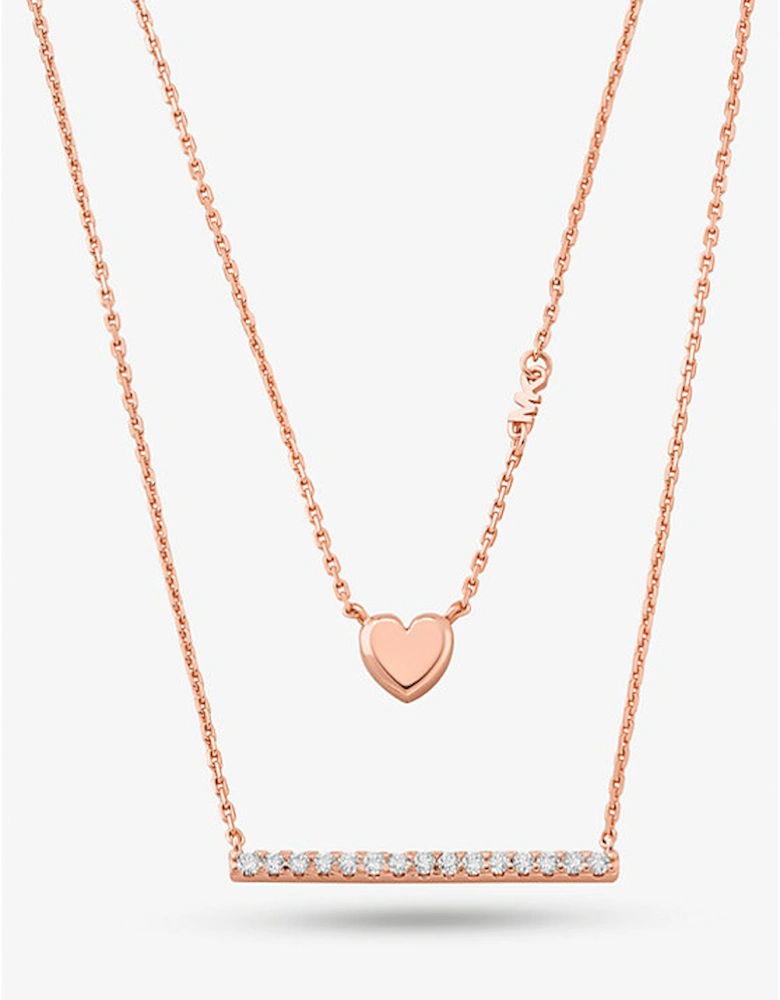Precious Metal-Plated Sterling Silver Double Heart and Pavé Bar Necklace