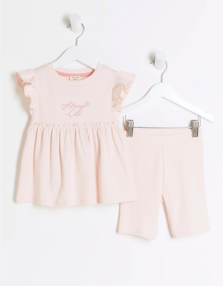 Mini Mini Girls Ribbed Peplum T-shirt Set - Pink