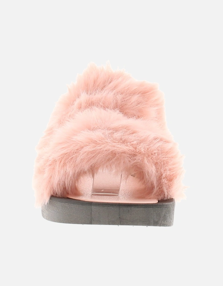 Womens Wedge Sliders Sandals Faux Fur Pansy pink UK Size