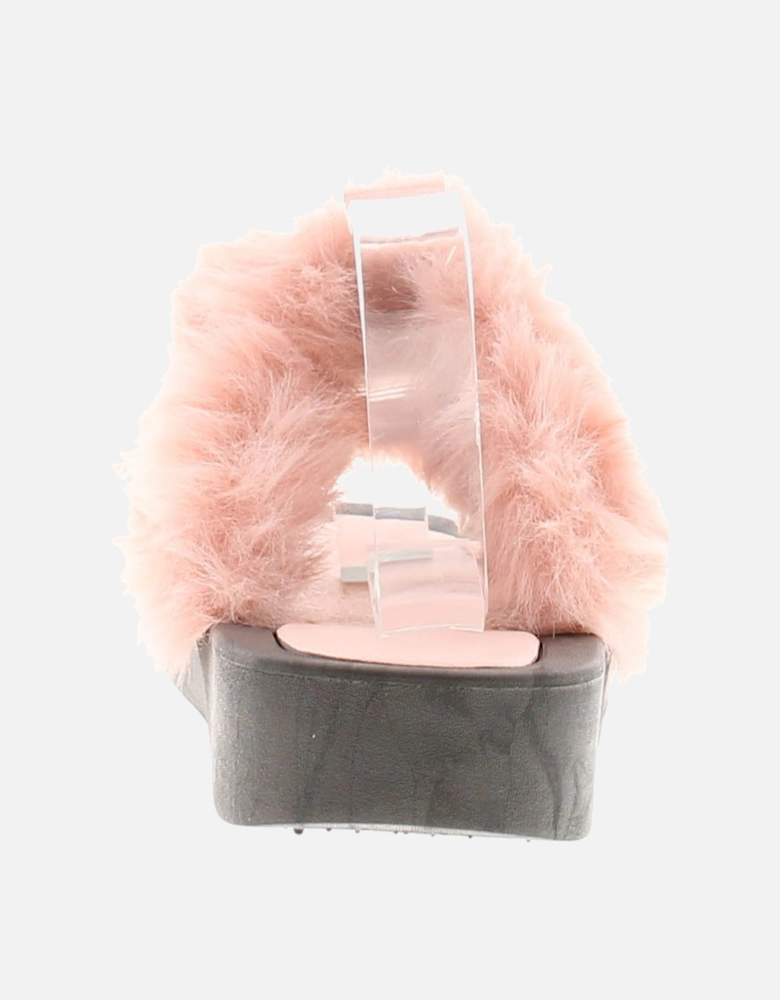 Womens Wedge Sliders Sandals Faux Fur Pansy pink UK Size