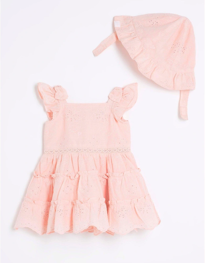 Baby Girls Broderie Dress And Hat Set - Pink