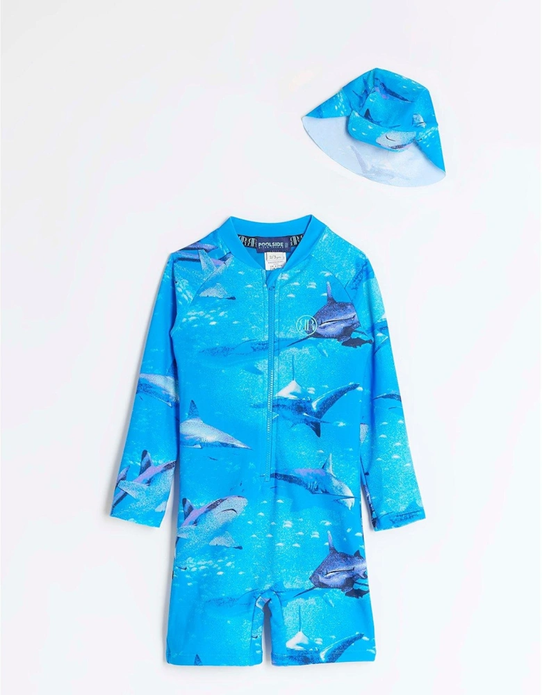 Mini Boys Shark Swim Rash Suit And Hat - Blue