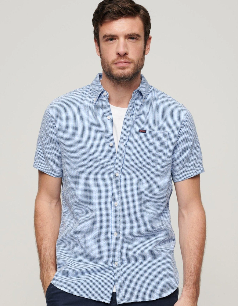 Gingham Seersucker Short Sleeve Regular Fit Shirt - Blue