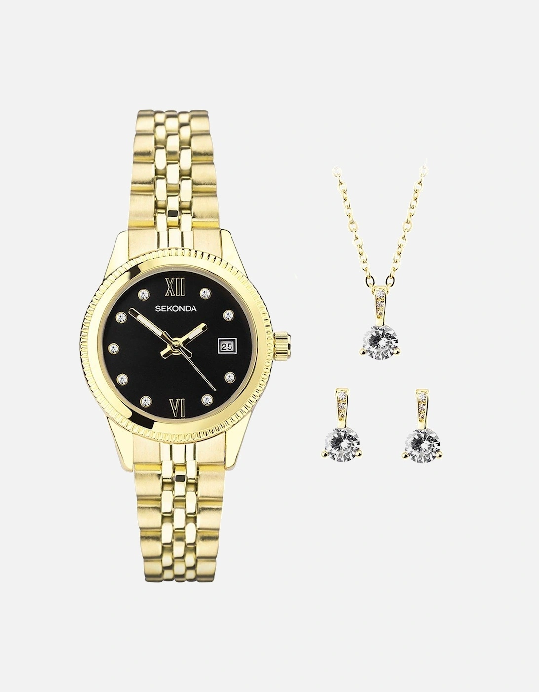Gift Set Womens 26mm Analogue Watch with Yellow Gold Stone Set Black Dial, Yellow Gold Stainless Steel Bracelet Matching Pendant and Earrings, 2 of 1