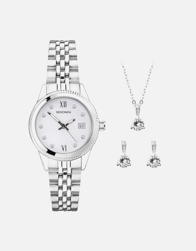 Gift Set Womens 26mm Analogue Watch with Silver Stone Set White Dial, Silver Stainless Steel Bracelet Matching Stone Set Pendant and Earrings