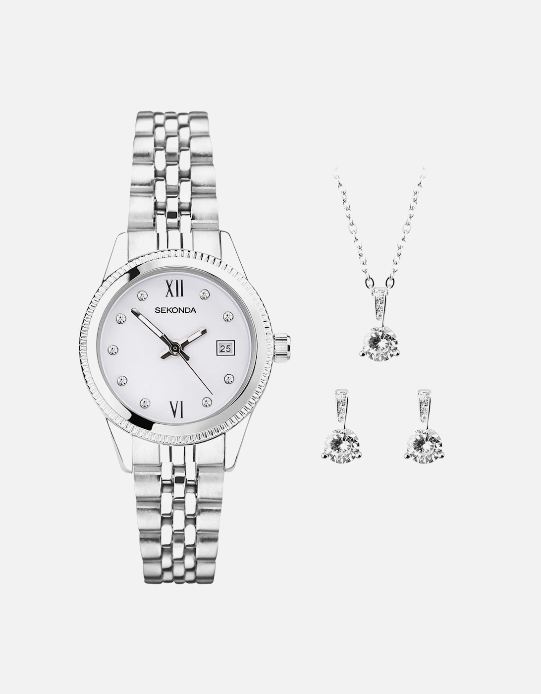 Gift Set Womens 26mm Analogue Watch with Silver Stone Set White Dial, Silver Stainless Steel Bracelet Matching Stone Set Pendant and Earrings, 2 of 1