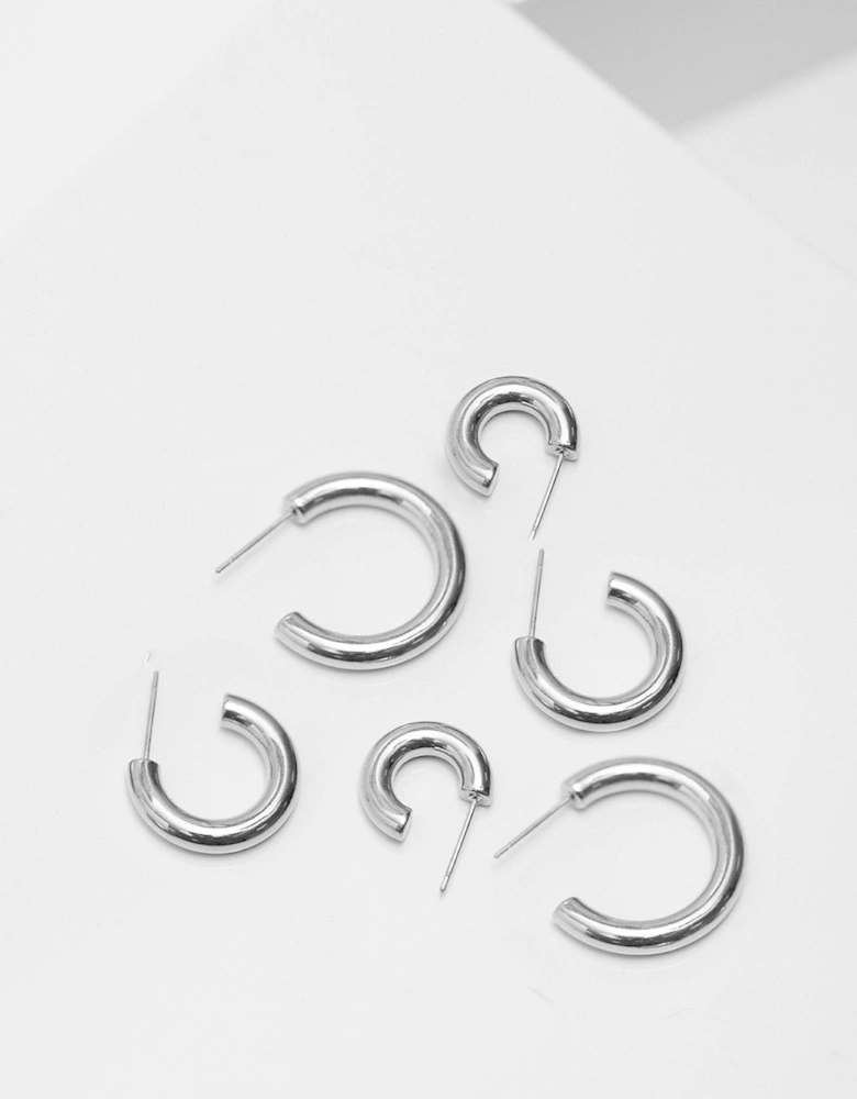 Silver Stainless Steel Polished Simple Hoop Earrings - Pack of 3