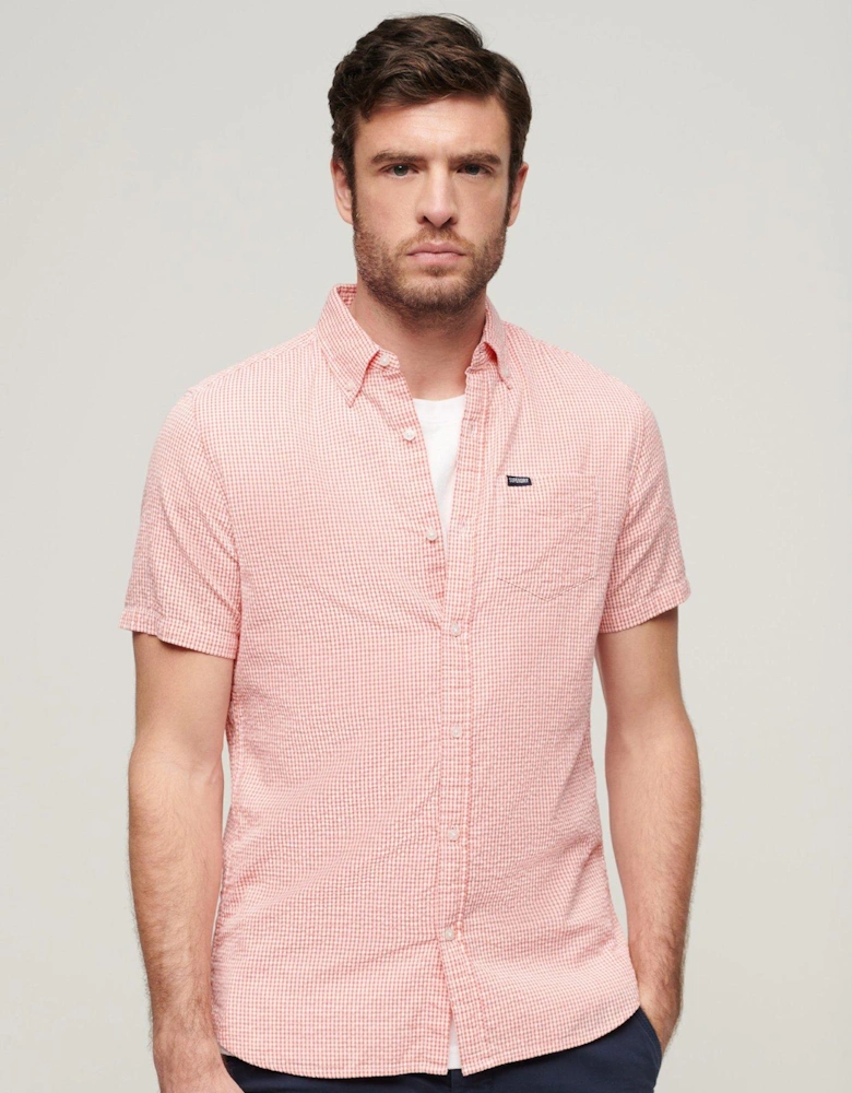Gingham Seersucker Short Sleeve Regular Fit Shirt - Pink