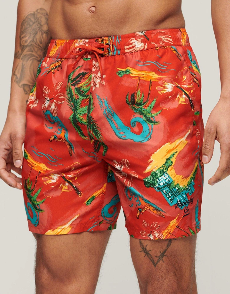 Hawaiian Print 17" Swim Shorts - Red