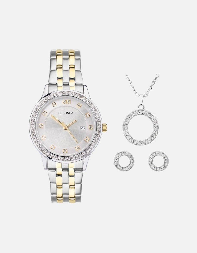 Gift Set Womens 29mm Analogue Watch with Two Tone Stone Set Silver Dial, Two tone Stainless Steel Bracelet, Matching Pendant and Earrings