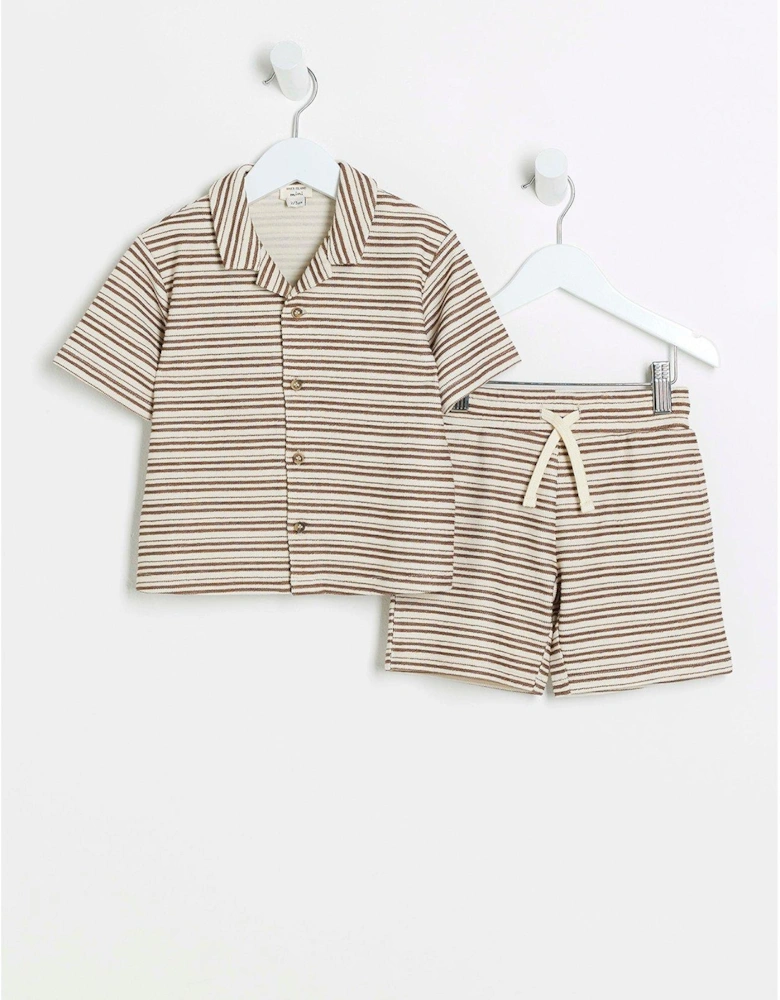 Mini Boys Textured Stripe Polo Set - Cream