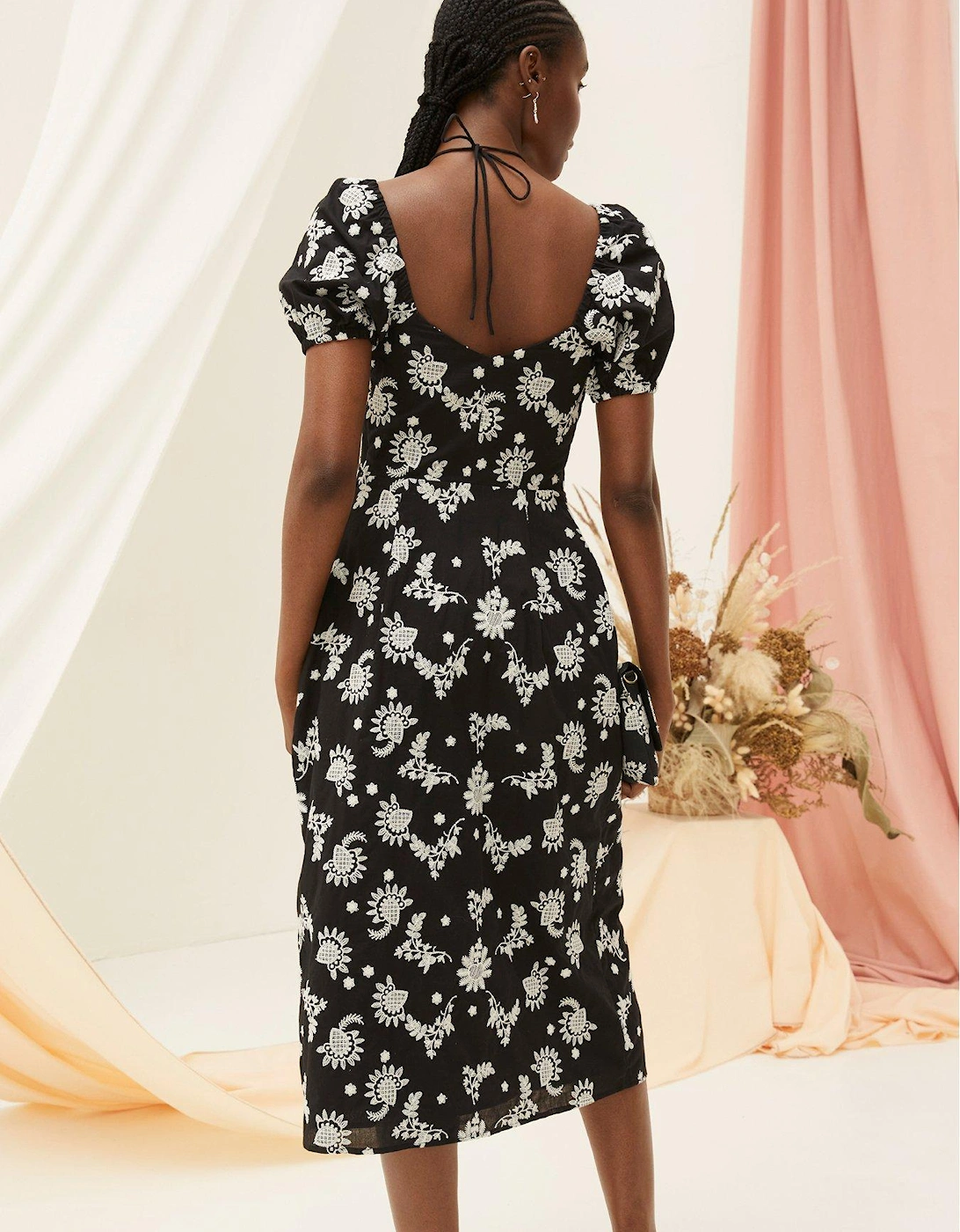 Lotus Embroidered Midi Dress - Black