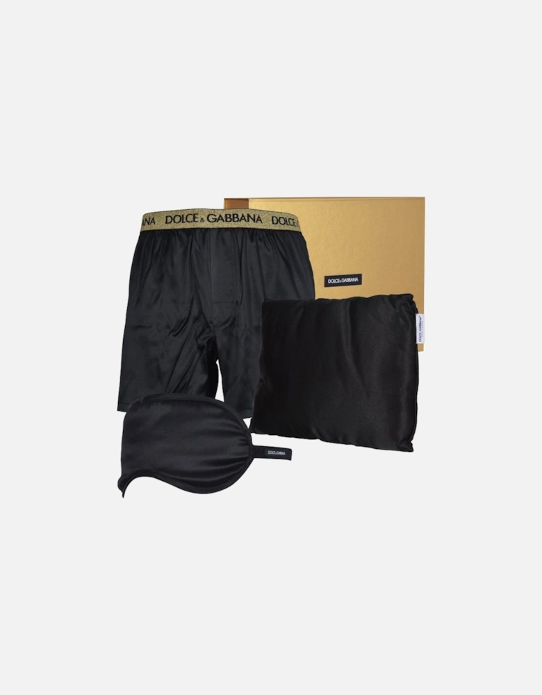 Magnificent Logo Silk Boxer Shorts Gift Set w/eye mask, Black/gold