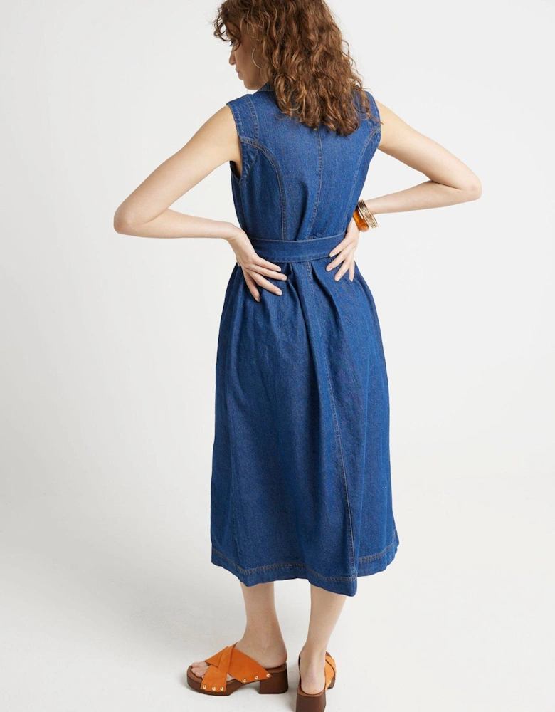 Belted Denim Midi Dress - Dark Blue