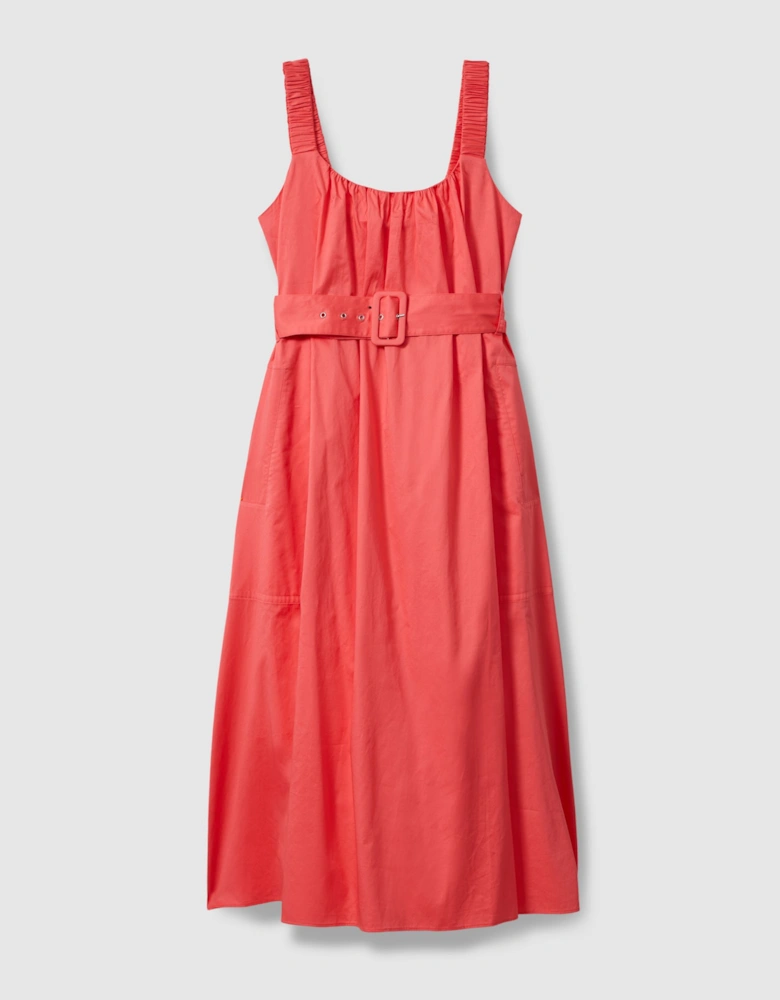 Cotton Ruched Strap Belted Midi Dress