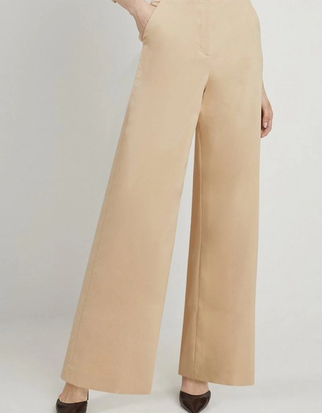 Cotton Sateen Wide Leg Tailored Trousers