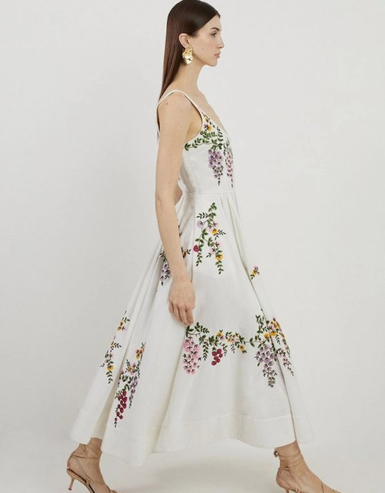 Floral Embroidered Cotton Linen Woven Prom Dress
