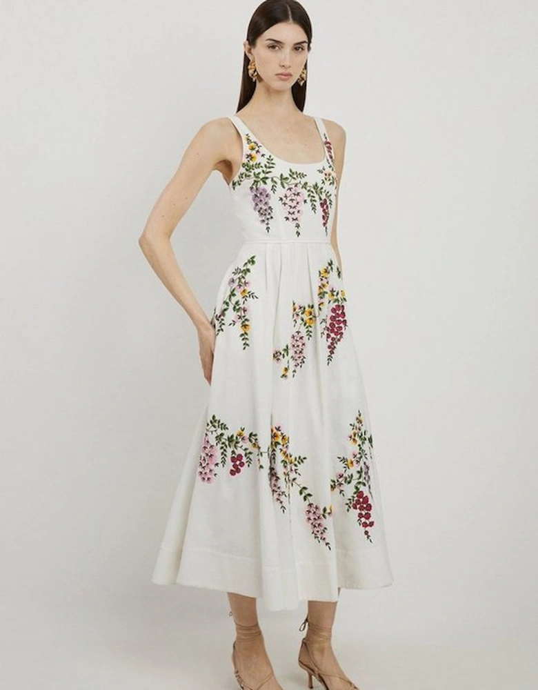 Floral Embroidered Cotton Linen Woven Prom Dress