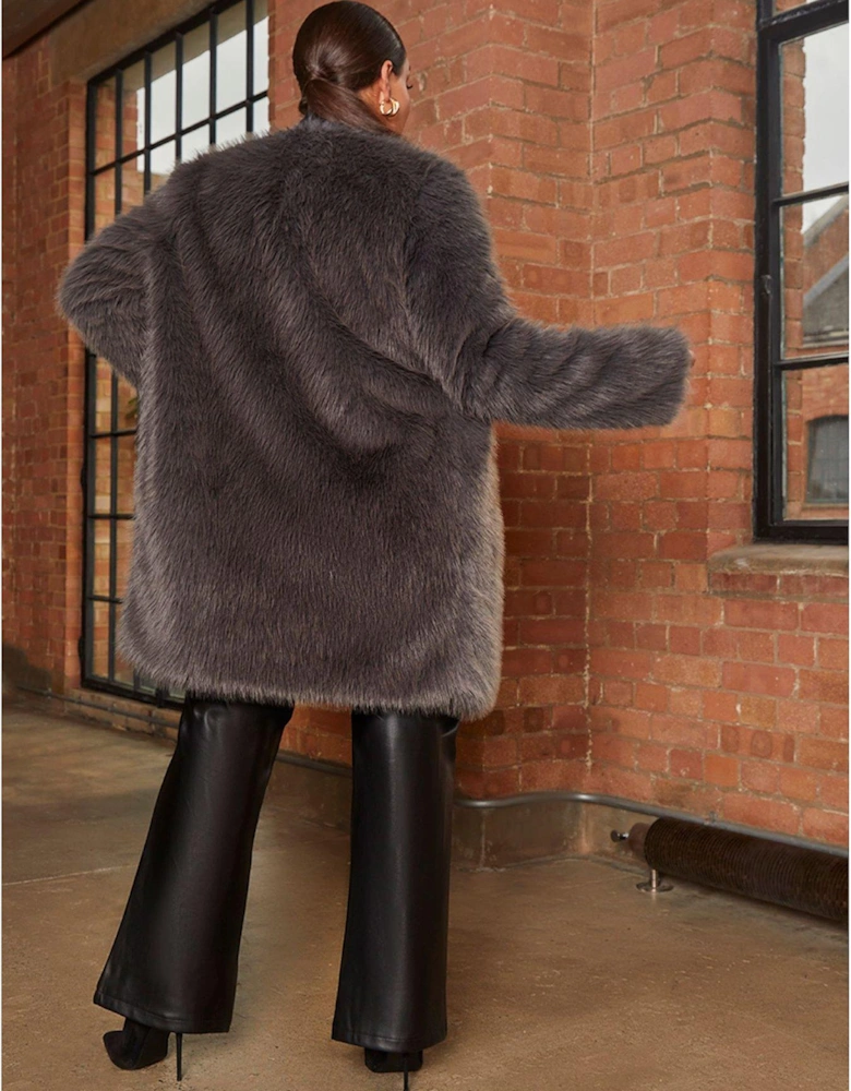 Shaggy Faux Fur Coat - Grey