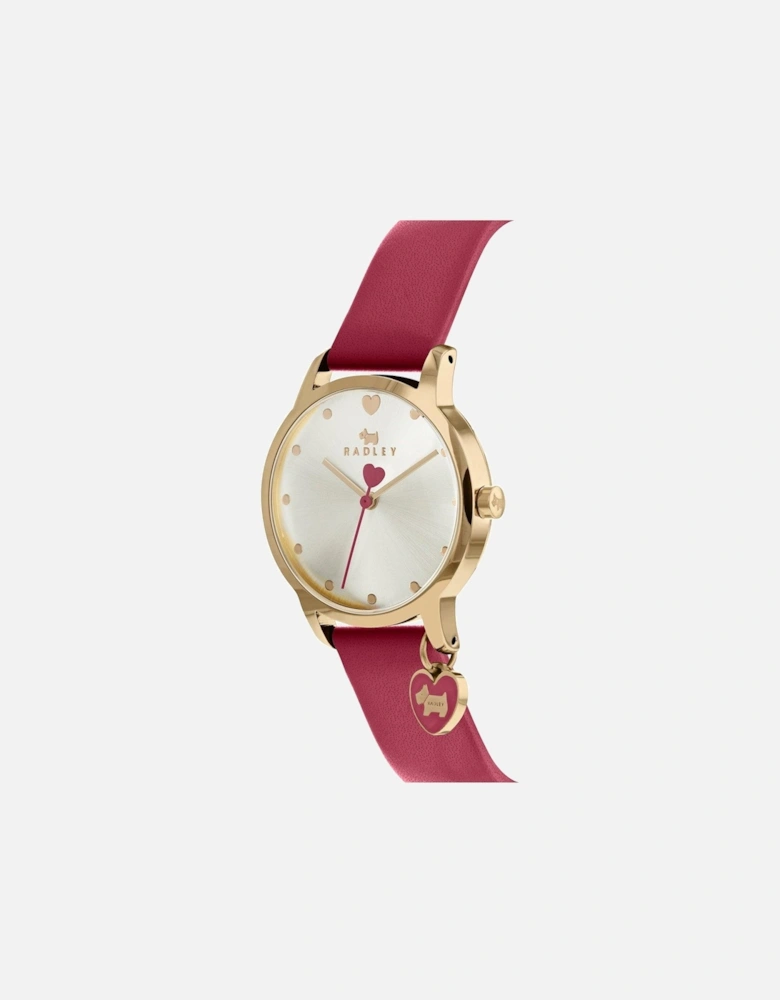 Blush and Silver Detail Heart Charm Dial Red Leather Strap Ladies Watch