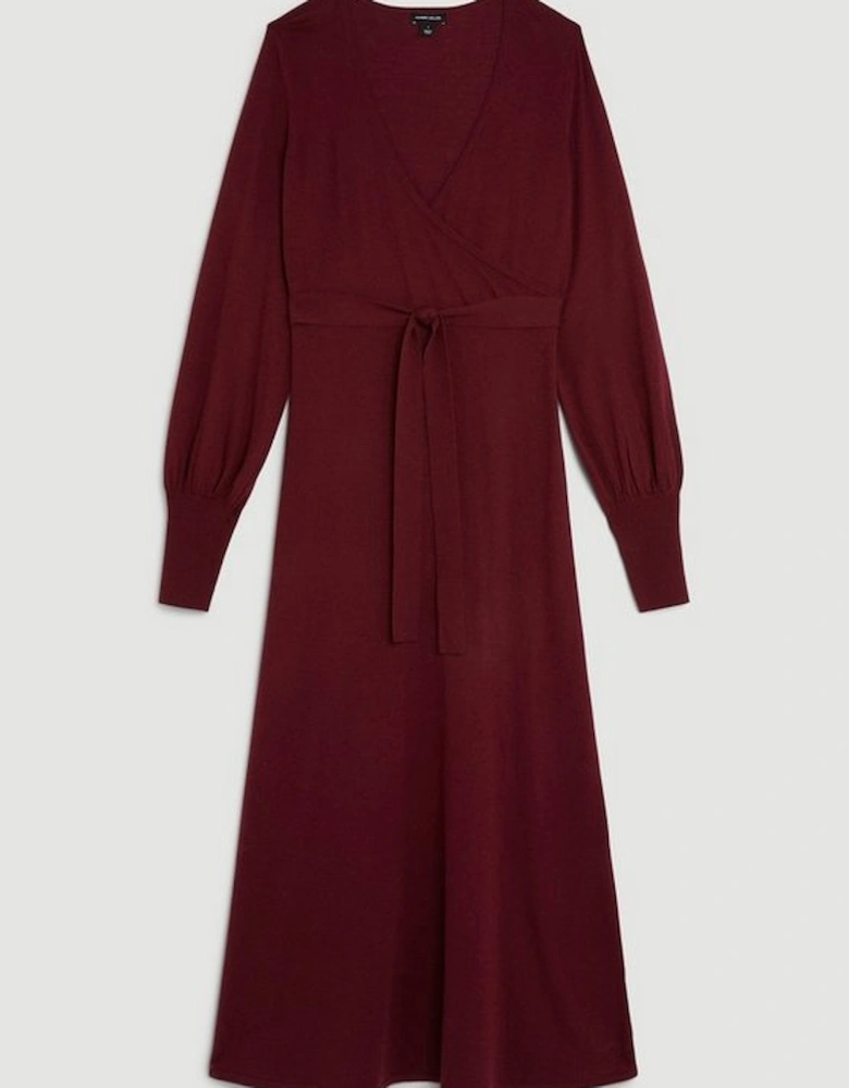Cashmere Blend Wrap Full Sleeve Belted Knit Midi Dress