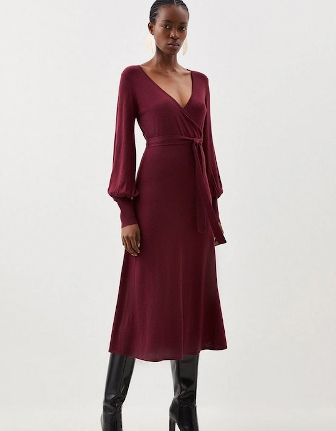 Cashmere Blend Wrap Full Sleeve Belted Knit Midi Dress, 5 of 4