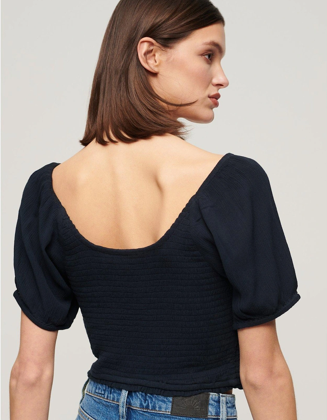 Smocked Woven Top - Navy