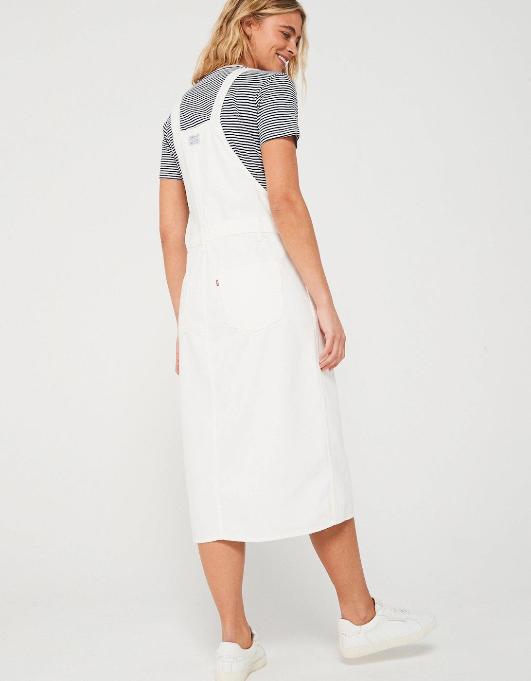 Pinafore Denim Midi Jumper Dress - White