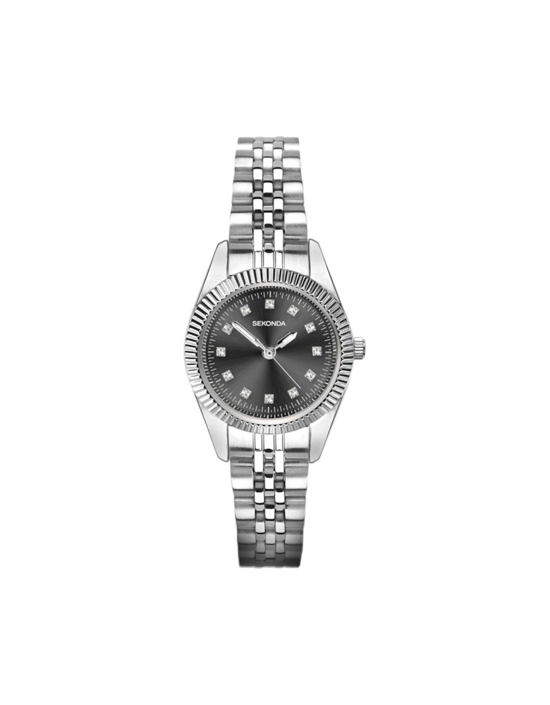 Ladies Silver Stainless Steel Bracelet with Dark Grey Dial Watch