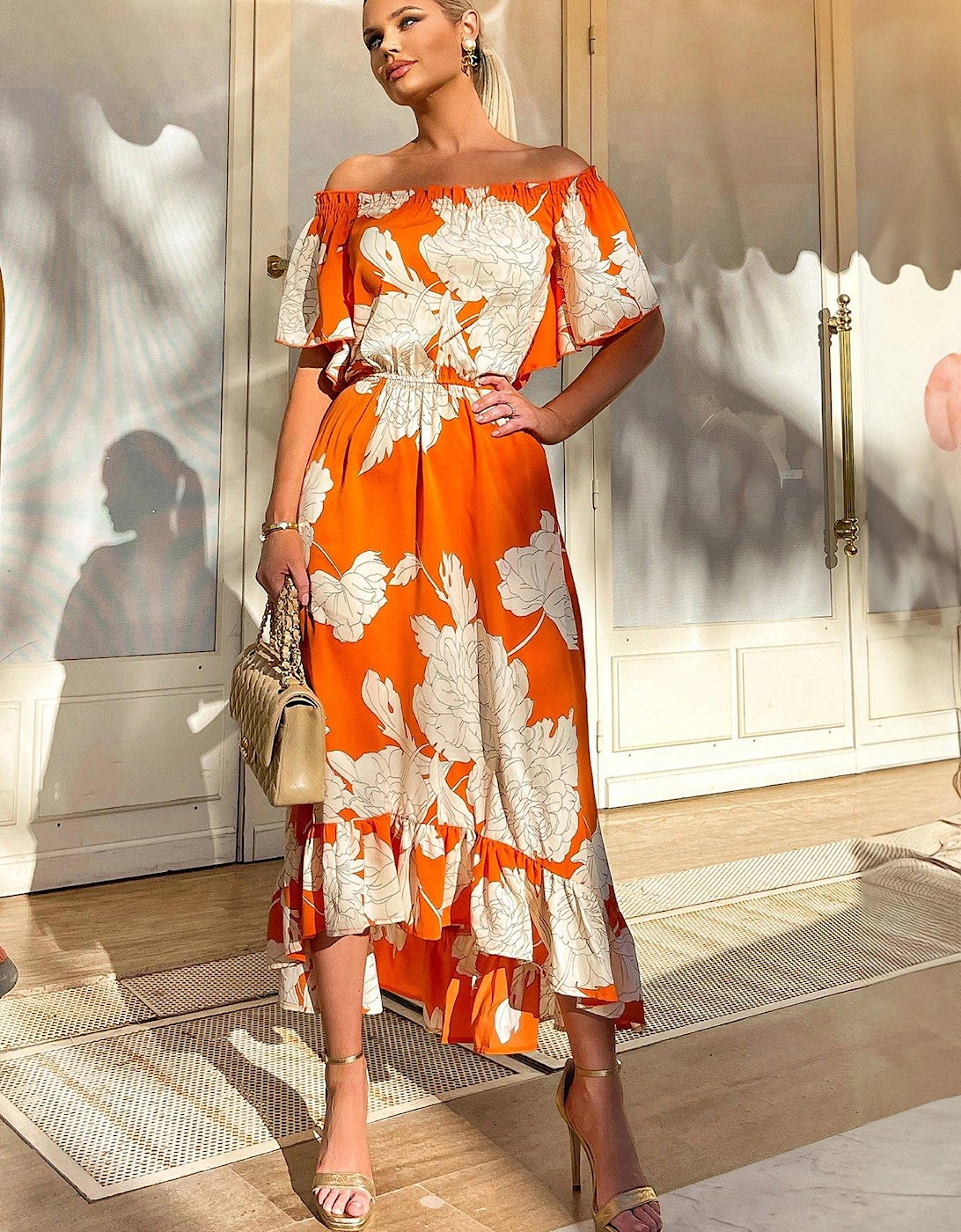 Blood Orange Printed Bardot Style Midi Dress, 2 of 1