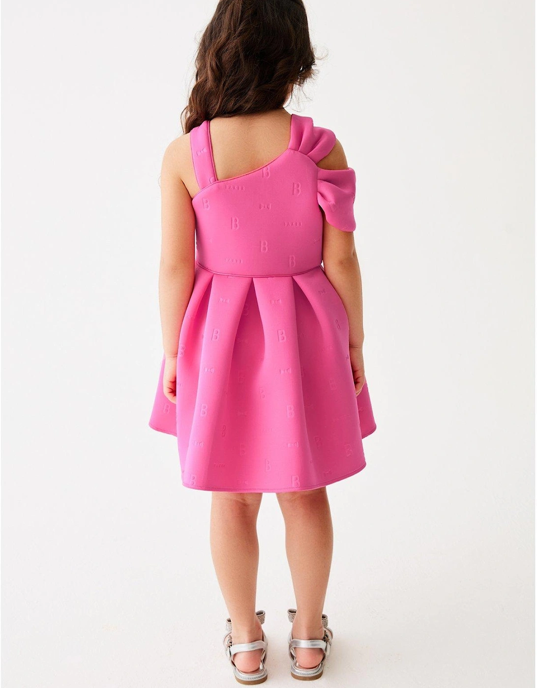 Older Girls Bow Shoulder Bright Pink Embossed Scuba Dress