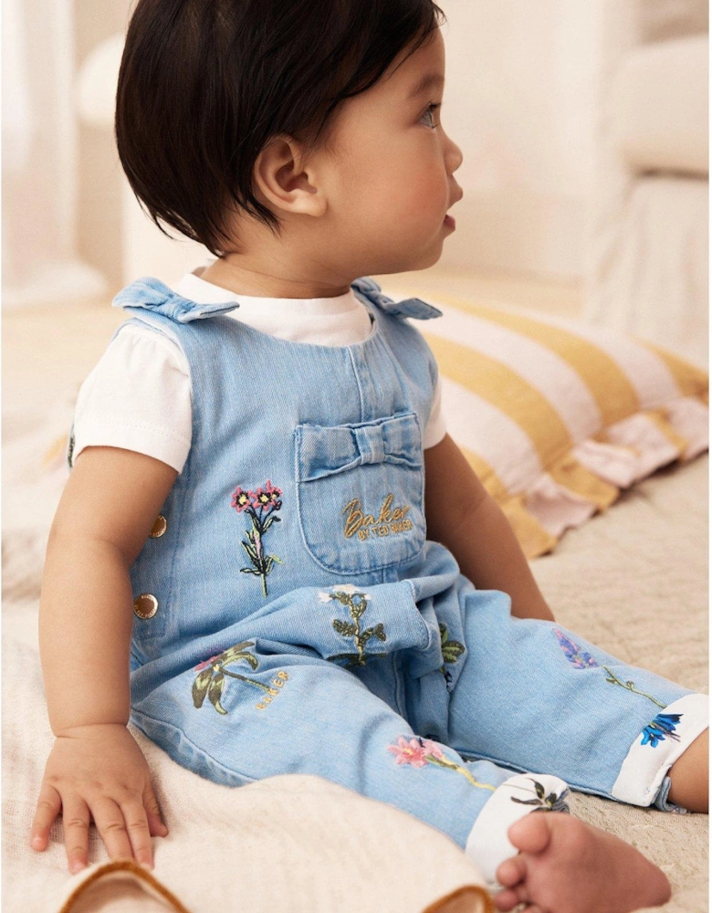 Embroidered Dungaree Set - Blue