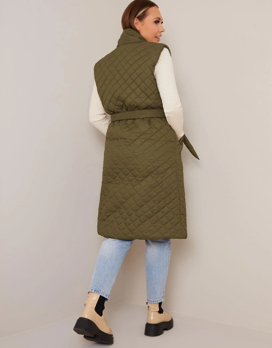 Diamond Quilted Longline Belted Gilet - Khaki