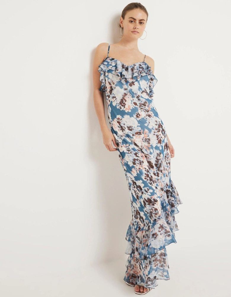Asymmetric Floral Dress - Blue