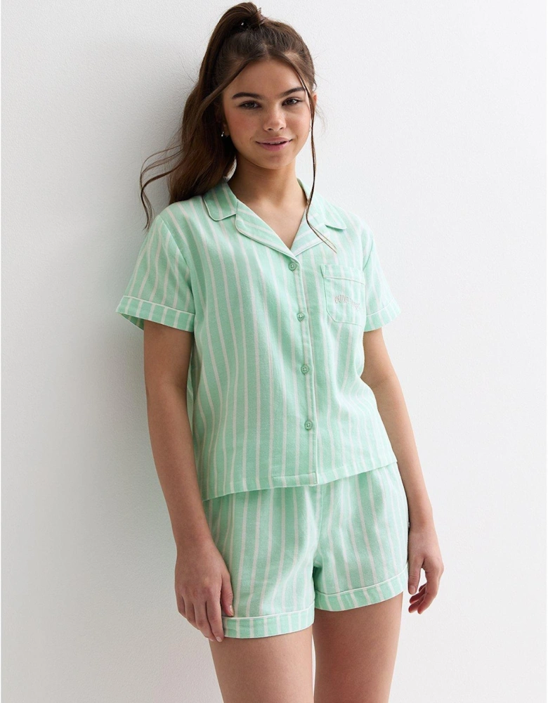 Girls Green Revere Short Pyjama Set With Stripe Print