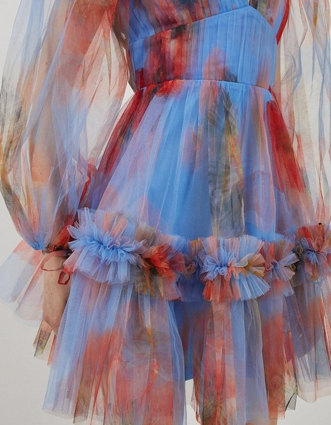 Spring Floral Tulle Plunge Mini Dress
