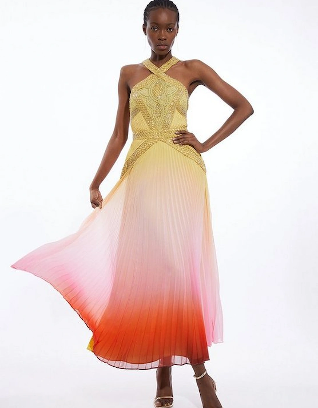 Geo Embellished Ombre Pleated Woven Maxi Dress, 5 of 4